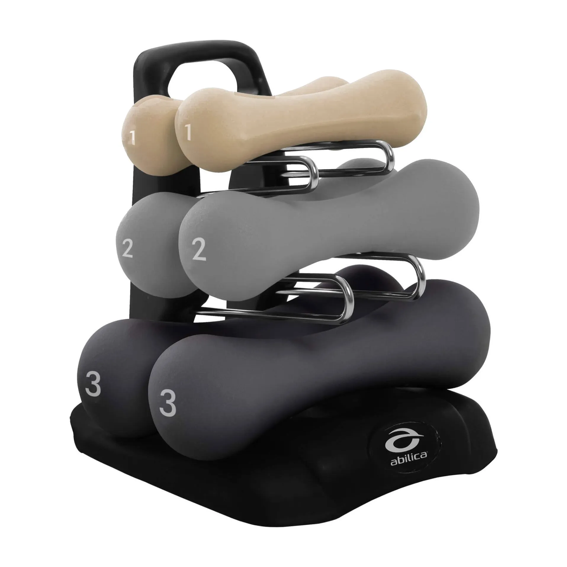 Abilica DumbBells Trio, tre par neoprenhantlar på 1, 2 och 3 kg i ett svart ställ