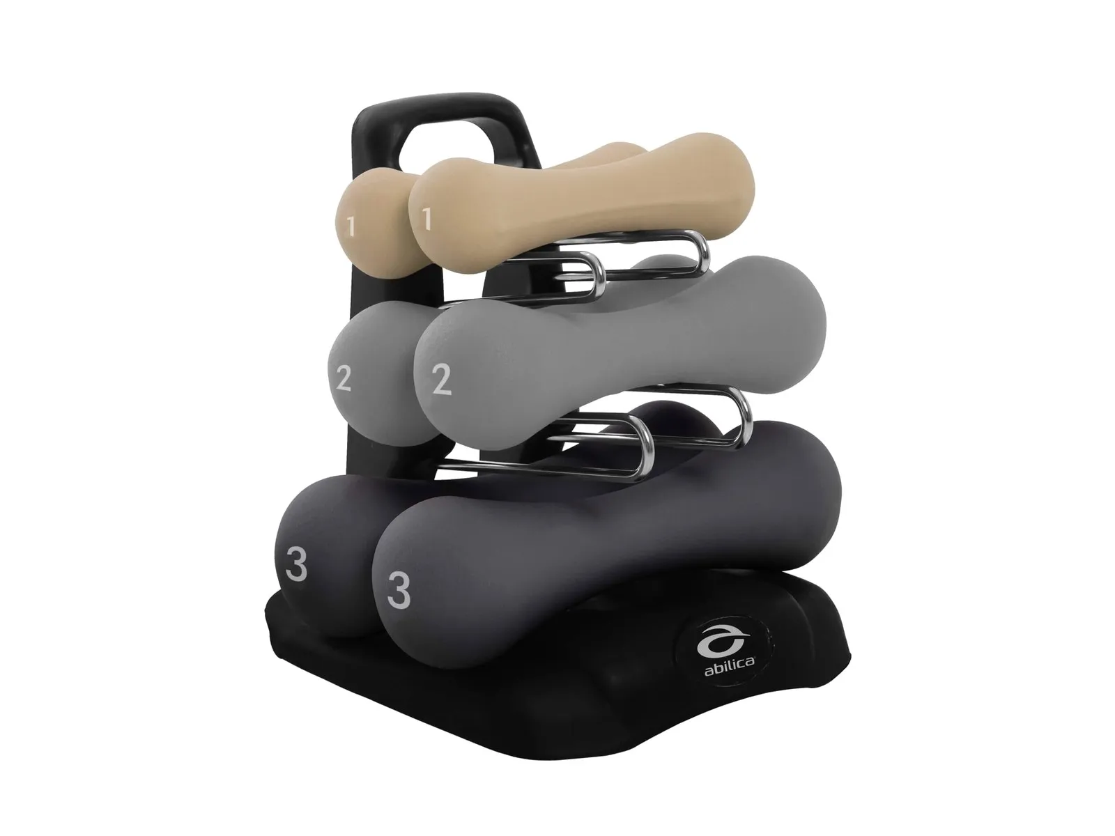 Abilica DumbBells Trio, tre par neoprenhantlar på 1, 2 och 3 kg i ett svart ställ, mot vit bakgrund