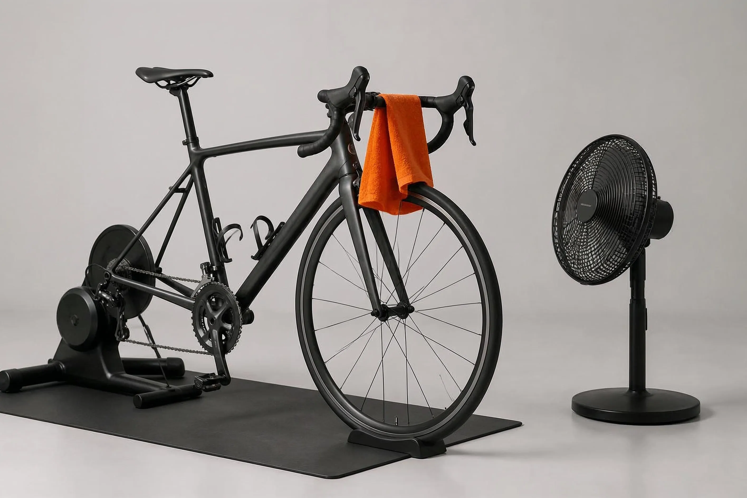 En cykel monterad på en smart trainer på en träningsmatta, med en golvfläkt bredvid