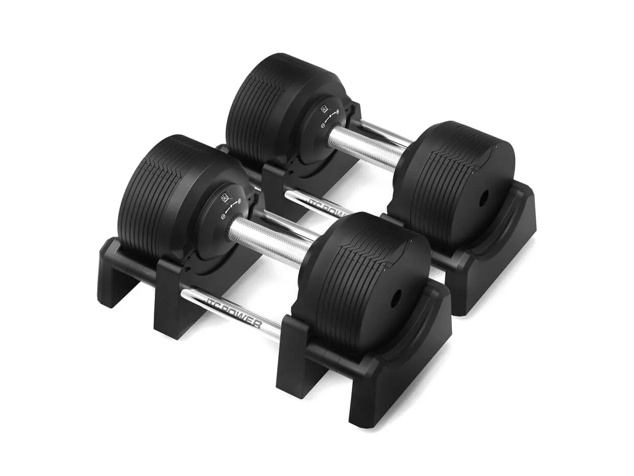 Ett par JTC Power PRO justerbara hantlar 4–32,5 kg i sina baser på vit bakgrund