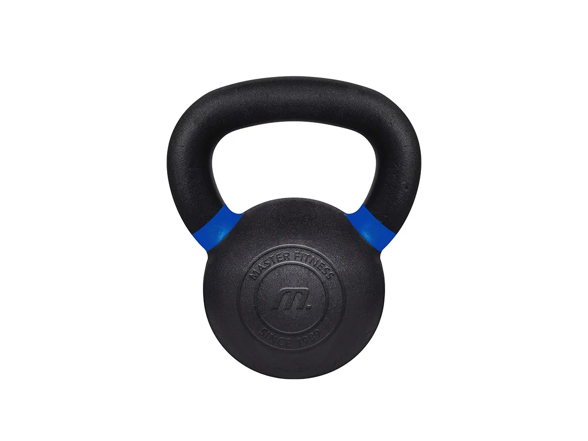 Master Fitness Kettlebell BC på 12 kg i svart gjutjärn med blå färgmarkering vid handtaget, mot vit bakgrund
