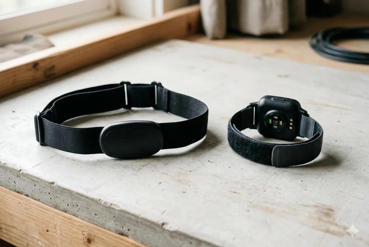 Ett pulsband och en optisk pulsgivare sida vid sida