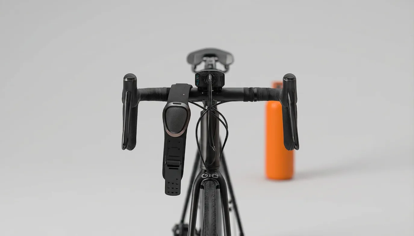 Pulsband hängt över styret på en svart racercykel med en orange vattenflaska suddig i bakgrunden