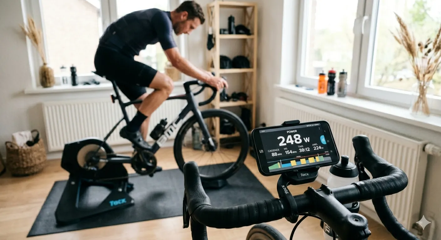 Enklare trainer med bakhjulet mot rullen och en telefon med träningsapp